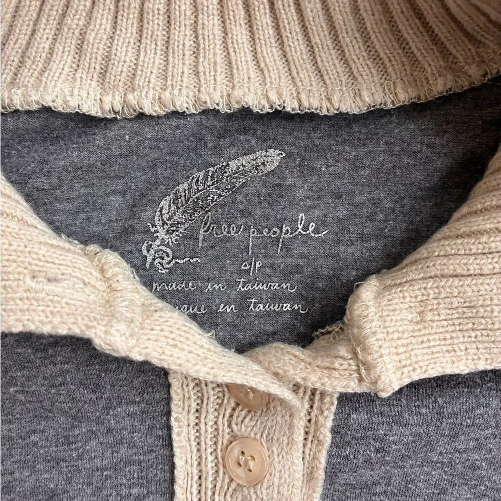 Free People Gray & Oatmeal Knit Henley Tunic Top | Elbow Patches | Size Small